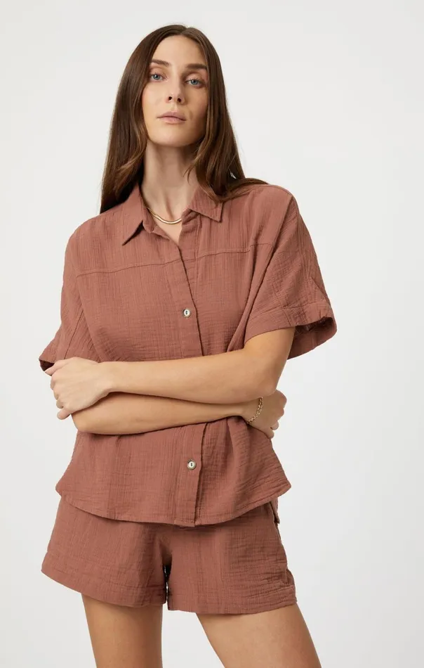 Women Gauze Short Sleeve Shirt In Brownie Mavi Jeans Shirts