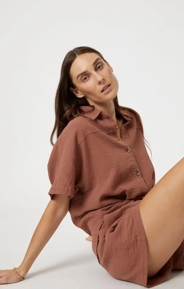 Women Gauze Short Sleeve Shirt In Brownie Mavi Jeans Shirts Women Gauze Short Sleeve Shirt In Brownie Mavi Jeans Shirts