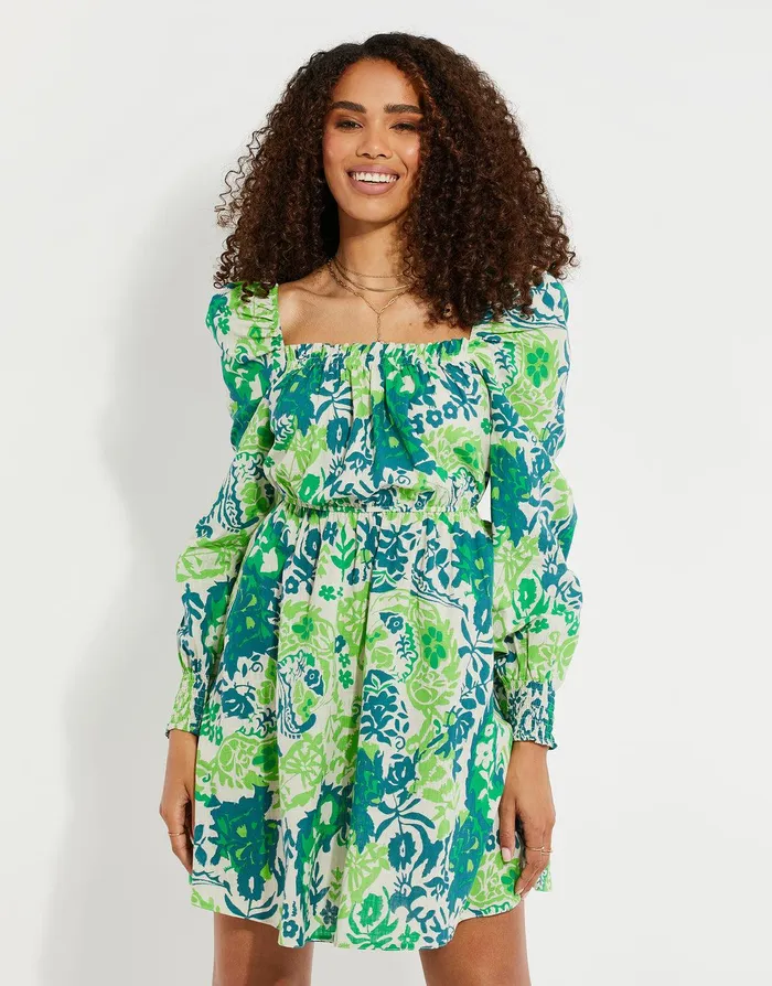 Women Green Floral Linen Look Ruched Mini Dress Floral Threadbare Dresses