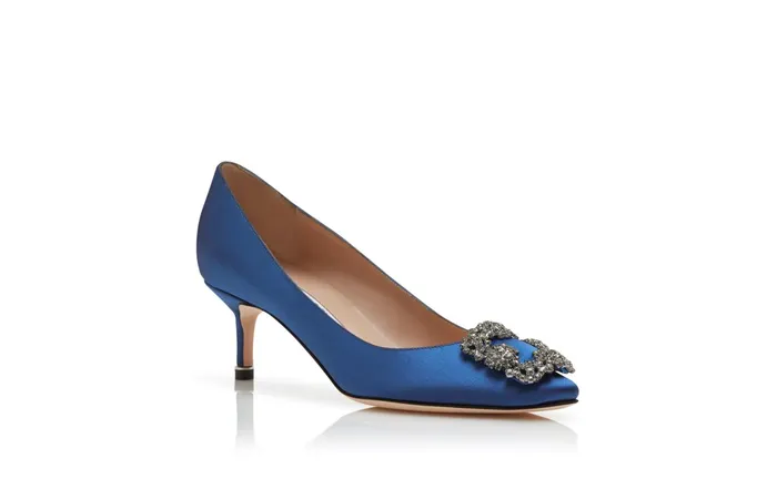 Women Hangisi Manolo Blahnik HANGISI 50 Blue Satin Jewel Buckle Pumps