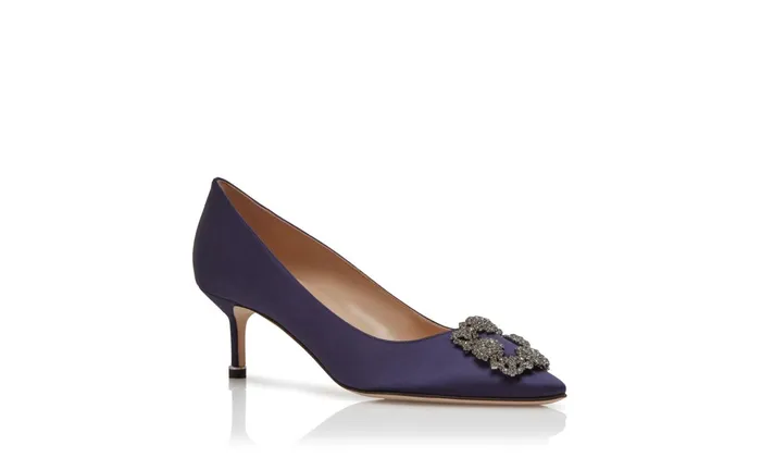 Women Hangisi Manolo Blahnik HANGISI 50 Dark Blue Satin Jewel Buckle Pumps