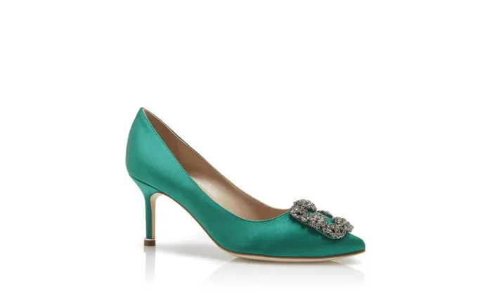 Women Hangisi Manolo Blahnik HANGISI 70 Green Satin Jewel Buckle Pumps