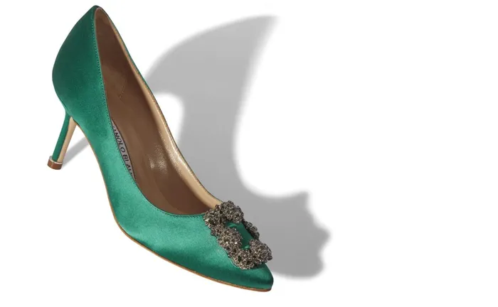 Women Hangisi Manolo Blahnik HANGISI 70 Green Satin Jewel Buckle Pumps Women Hangisi Manolo Blahnik HANGISI 70 Green Satin Jewel Buckle Pumps