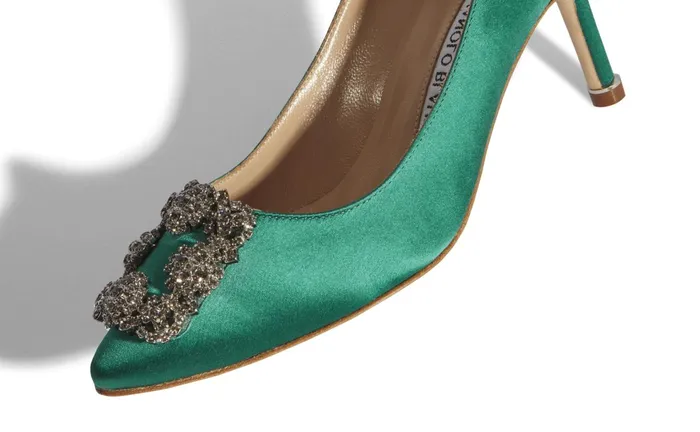 Women Hangisi Manolo Blahnik HANGISI 70 Green Satin Jewel Buckle Pumps Women Hangisi Manolo Blahnik HANGISI 70 Green Satin Jewel Buckle Pumps