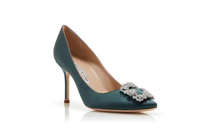 Women Hangisi Manolo Blahnik HANGISI 90 Forest Green Satin Jewel Buckle Pumps
