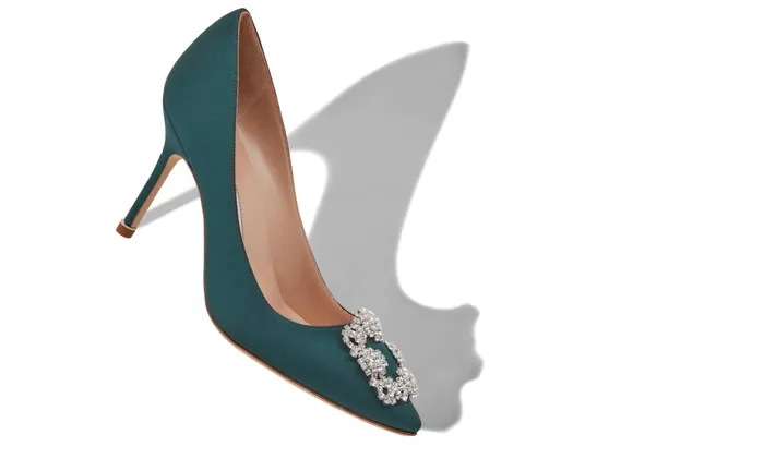 Women Hangisi Manolo Blahnik HANGISI 90 Forest Green Satin Jewel Buckle Pumps Women Hangisi Manolo Blahnik HANGISI 90 Forest Green Satin Jewel Buckle Pumps