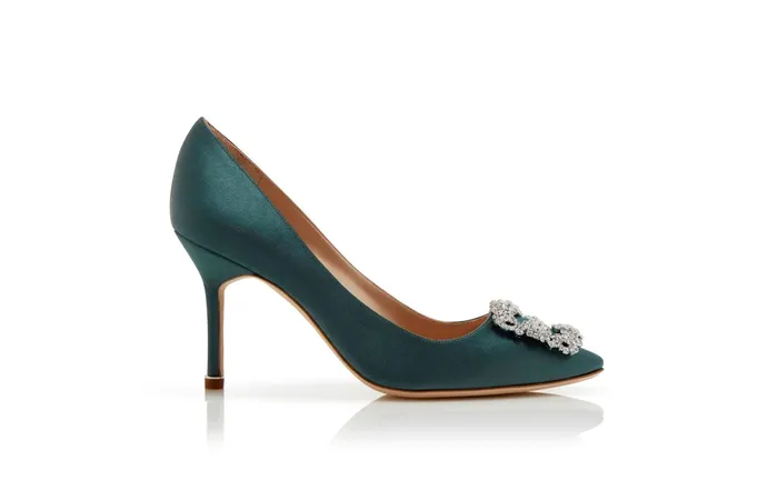Women Hangisi Manolo Blahnik HANGISI 90 Forest Green Satin Jewel Buckle Pumps Women Hangisi Manolo Blahnik HANGISI 90 Forest Green Satin Jewel Buckle Pumps