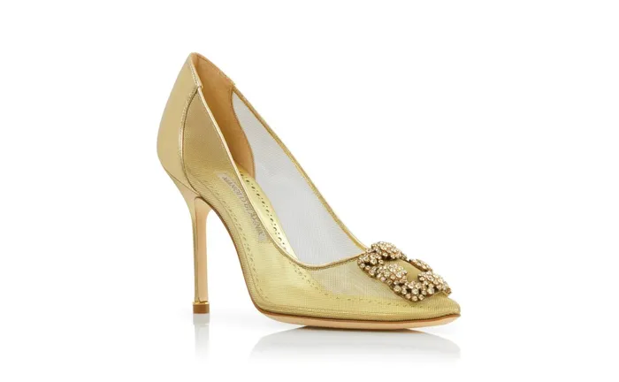Women Hangisi Manolo Blahnik HANGISI Gold Mesh Jewel Buckle Pumps