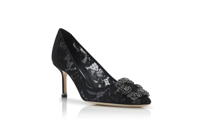 Women Hangisi Manolo Blahnik HANGISI LACE 70 Black Lace Jewel Buckle Pumps