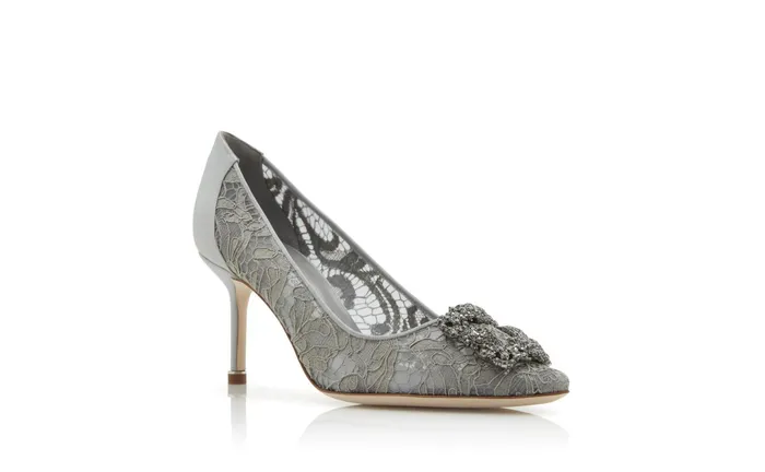 Women Hangisi Manolo Blahnik HANGISI LACE 70 Grey Lace Jewel Buckled Pumps