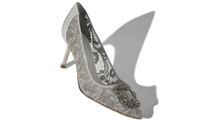 Women Hangisi Manolo Blahnik HANGISI LACE 70 Grey Lace Jewel Buckled Pumps Women Hangisi Manolo Blahnik HANGISI LACE 70 Grey Lace Jewel Buckled Pumps