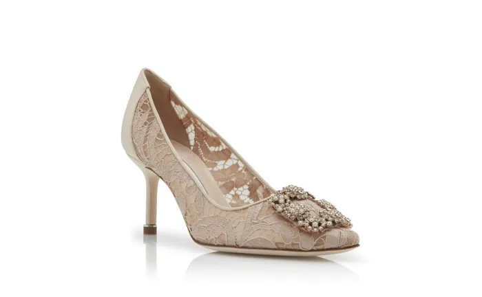 Women Hangisi Manolo Blahnik HANGISI LACE 70 Pink Champagne Lace Jewel Buckle Pumps Women Hangisi Manolo Blahnik HANGISI LACE 70 Pink Champagne Lace Jewel Buckle Pumps