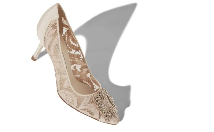 Women Hangisi Manolo Blahnik HANGISI LACE 70 Pink Champagne Lace Jewel Buckle Pumps Women Hangisi Manolo Blahnik HANGISI LACE 70 Pink Champagne Lace Jewel Buckle Pumps