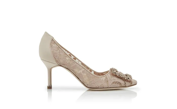 Women Hangisi Manolo Blahnik HANGISI LACE 70 Pink Champagne Lace Jewel Buckle Pumps Women Hangisi Manolo Blahnik HANGISI LACE 70 Pink Champagne Lace Jewel Buckle Pumps