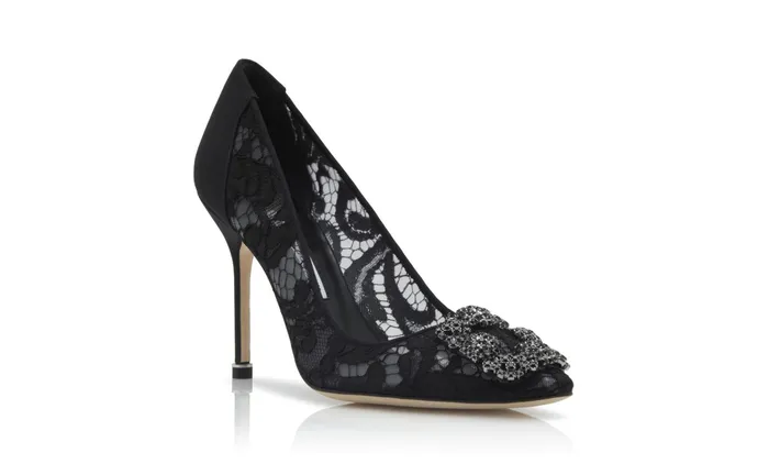 Women Hangisi Manolo Blahnik HANGISI LACE Black Lace Jewel Buckle Pumps
