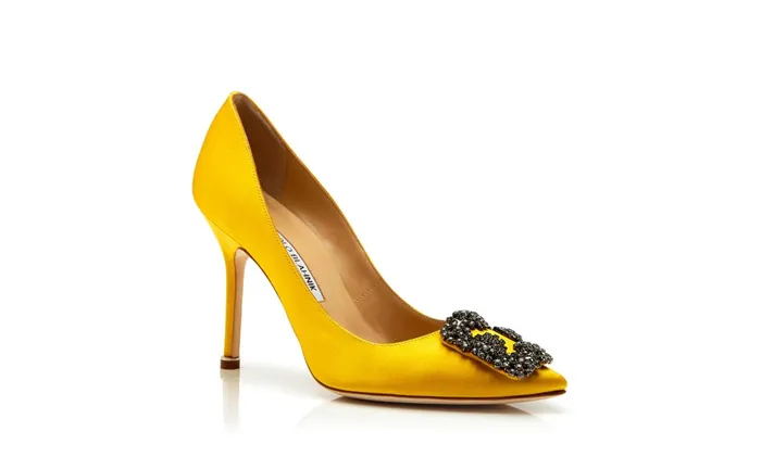 Women Hangisi Manolo Blahnik HANGISI Yellow Satin Jewel Buckle Pumps