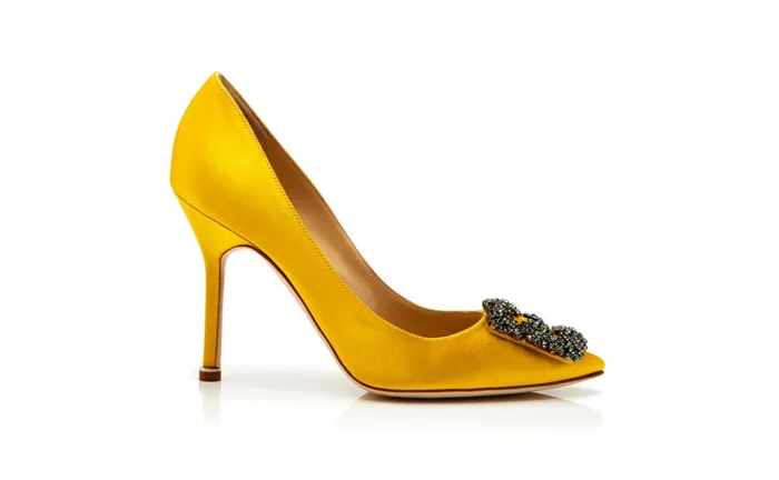 Women Hangisi Manolo Blahnik HANGISI Yellow Satin Jewel Buckle Pumps Women Hangisi Manolo Blahnik HANGISI Yellow Satin Jewel Buckle Pumps