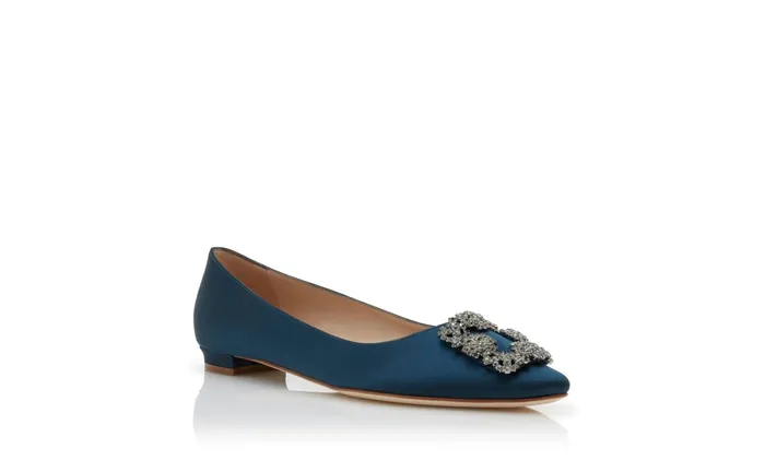 Women Hangisi Manolo Blahnik HANGISIFLAT Deep Teal Satin Jewel Buckle Flat Shoes Women Hangisi Manolo Blahnik HANGISIFLAT Deep Teal Satin Jewel Buckle Flat Shoes