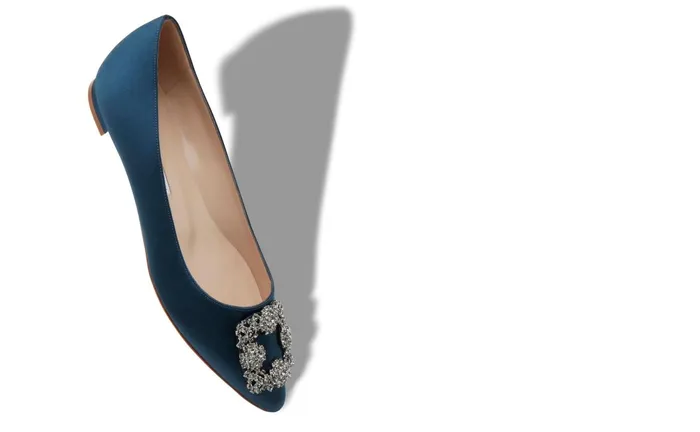 Women Hangisi Manolo Blahnik HANGISIFLAT Deep Teal Satin Jewel Buckle Flat Shoes Women Hangisi Manolo Blahnik HANGISIFLAT Deep Teal Satin Jewel Buckle Flat Shoes