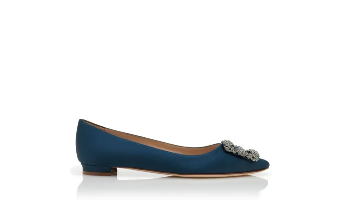 Women Hangisi Manolo Blahnik HANGISIFLAT Deep Teal Satin Jewel Buckle Flat Shoes Women Hangisi Manolo Blahnik HANGISIFLAT Deep Teal Satin Jewel Buckle Flat Shoes