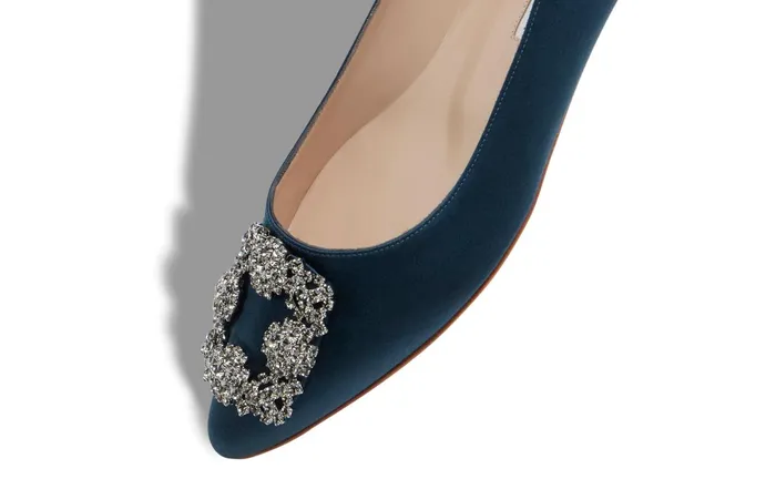 Women Hangisi Manolo Blahnik HANGISIFLAT Deep Teal Satin Jewel Buckle Flat Shoes Women Hangisi Manolo Blahnik HANGISIFLAT Deep Teal Satin Jewel Buckle Flat Shoes
