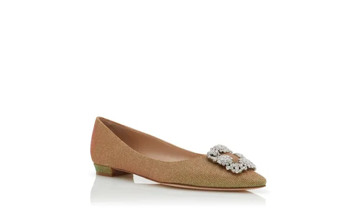 Women Hangisi Manolo Blahnik HANGISIFLAT GLITTER Gold Glitter Fabric Jewel Buckle Flat Shoes Women Hangisi Manolo Blahnik HANGISIFLAT GLITTER Gold Glitter Fabric Jewel Buckle Flat Shoes