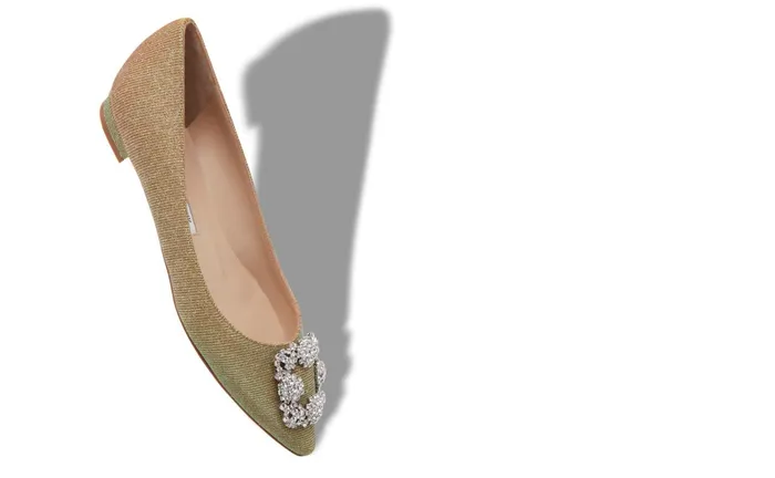 Women Hangisi Manolo Blahnik HANGISIFLAT GLITTER Gold Glitter Fabric Jewel Buckle Flat Shoes Women Hangisi Manolo Blahnik HANGISIFLAT GLITTER Gold Glitter Fabric Jewel Buckle Flat Shoes