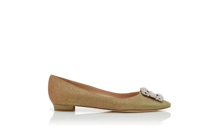 Women Hangisi Manolo Blahnik HANGISIFLAT GLITTER Gold Glitter Fabric Jewel Buckle Flat Shoes Women Hangisi Manolo Blahnik HANGISIFLAT GLITTER Gold Glitter Fabric Jewel Buckle Flat Shoes