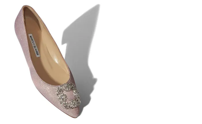 Women Hangisi Manolo Blahnik HANGISIFLAT GLITTER Pink Glitter Fabric Jewel Buckle Flat Shoes Women Hangisi Manolo Blahnik HANGISIFLAT GLITTER Pink Glitter Fabric Jewel Buckle Flat Shoes
