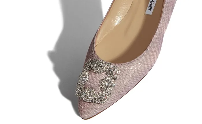 Women Hangisi Manolo Blahnik HANGISIFLAT GLITTER Pink Glitter Fabric Jewel Buckle Flat Shoes Women Hangisi Manolo Blahnik HANGISIFLAT GLITTER Pink Glitter Fabric Jewel Buckle Flat Shoes