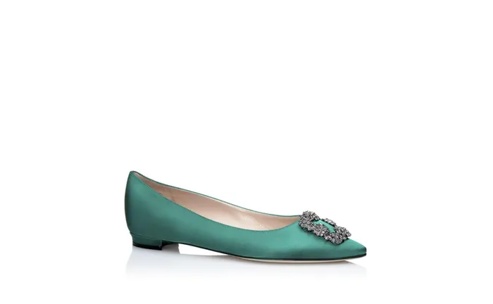 Women Hangisi Manolo Blahnik HANGISIFLAT Green Satin Jewel Buckle Flat Shoes