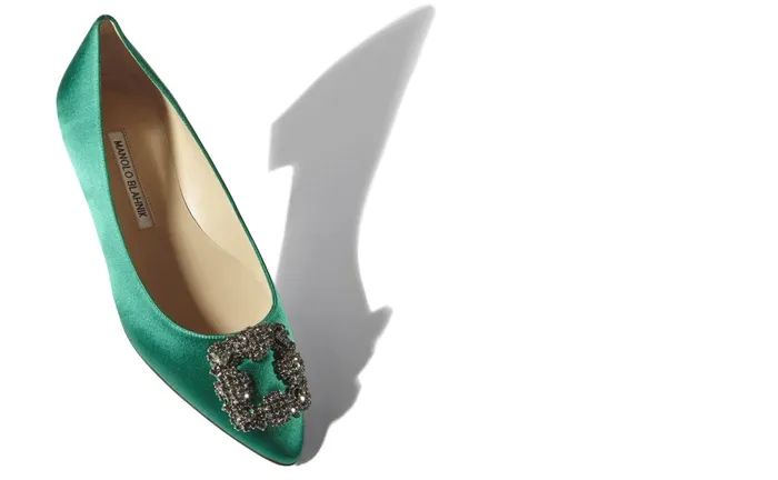 Women Hangisi Manolo Blahnik HANGISIFLAT Green Satin Jewel Buckle Flat Shoes Women Hangisi Manolo Blahnik HANGISIFLAT Green Satin Jewel Buckle Flat Shoes