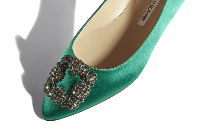 Women Hangisi Manolo Blahnik HANGISIFLAT Green Satin Jewel Buckle Flat Shoes Women Hangisi Manolo Blahnik HANGISIFLAT Green Satin Jewel Buckle Flat Shoes