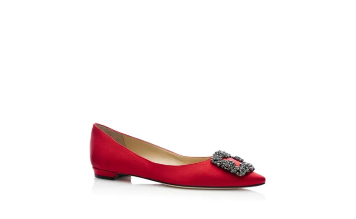 Women Hangisi Manolo Blahnik HANGISIFLAT Red Satin Jewel Buckle Flat Shoes