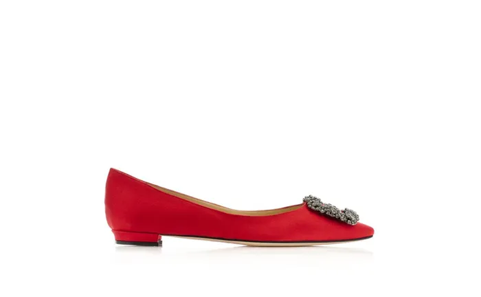 Women Hangisi Manolo Blahnik HANGISIFLAT Red Satin Jewel Buckle Flat Shoes Women Hangisi Manolo Blahnik HANGISIFLAT Red Satin Jewel Buckle Flat Shoes