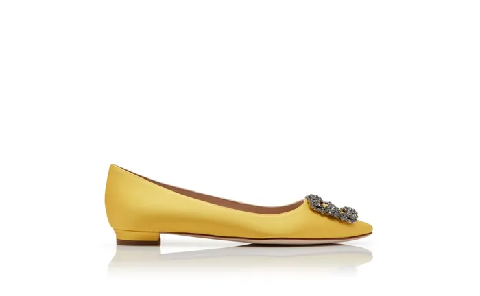 Women Hangisi Manolo Blahnik HANGISIFLAT Yellow Satin Jewel Buckle Flat Shoes Women Hangisi Manolo Blahnik HANGISIFLAT Yellow Satin Jewel Buckle Flat Shoes