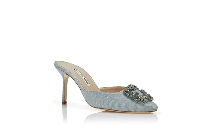 Women Hangisi Manolo Blahnik HANGISIMU GLITTER Silver Glitter Fabric Jewel Buckle Mules Women Hangisi Manolo Blahnik HANGISIMU GLITTER Silver Glitter Fabric Jewel Buckle Mules