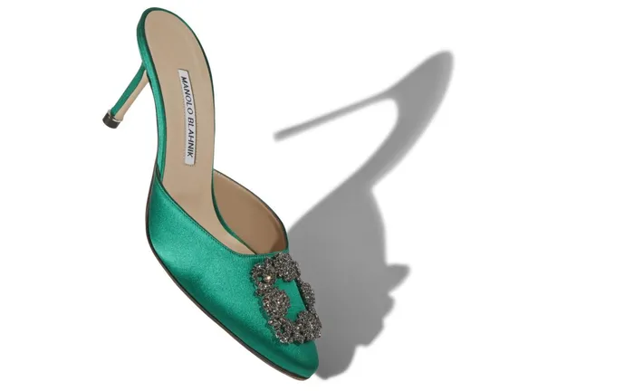 Women Hangisi Manolo Blahnik HANGISIMU Green Satin Jewel Buckle Mules Women Hangisi Manolo Blahnik HANGISIMU Green Satin Jewel Buckle Mules