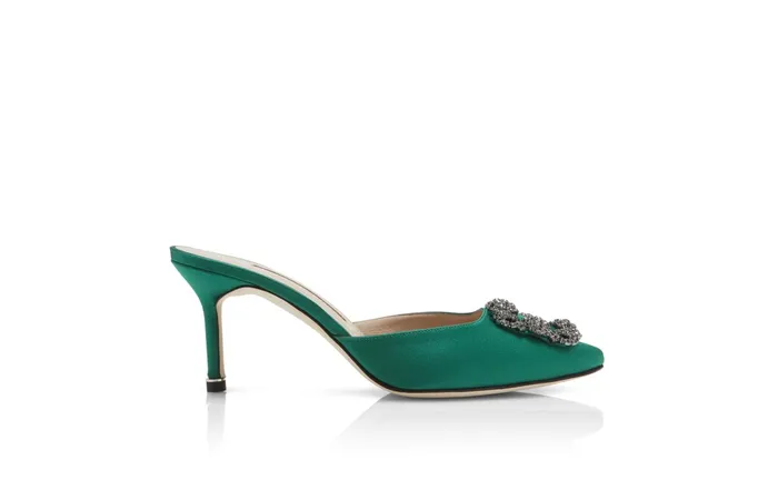 Women Hangisi Manolo Blahnik HANGISIMU Green Satin Jewel Buckle Mules Women Hangisi Manolo Blahnik HANGISIMU Green Satin Jewel Buckle Mules