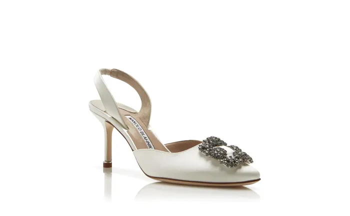 Women Hangisi Manolo Blahnik HANGISLI Cream Satin Jewel Buckle Slingback Pumps Women Hangisi Manolo Blahnik HANGISLI Cream Satin Jewel Buckle Slingback Pumps