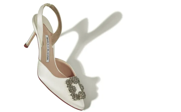 Women Hangisi Manolo Blahnik HANGISLI Cream Satin Jewel Buckle Slingback Pumps Women Hangisi Manolo Blahnik HANGISLI Cream Satin Jewel Buckle Slingback Pumps