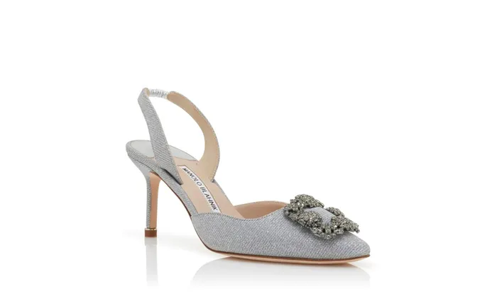 Women Hangisi Manolo Blahnik HANGISLI GLITTER Silver Glitter Fabric Jewel Buckle Slingback Pumps Women Hangisi Manolo Blahnik HANGISLI GLITTER Silver Glitter Fabric Jewel Buckle Slingback Pumps
