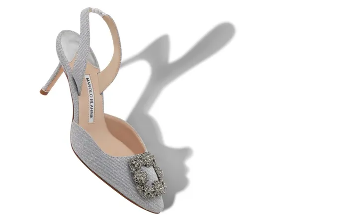 Women Hangisi Manolo Blahnik HANGISLI GLITTER Silver Glitter Fabric Jewel Buckle Slingback Pumps Women Hangisi Manolo Blahnik HANGISLI GLITTER Silver Glitter Fabric Jewel Buckle Slingback Pumps