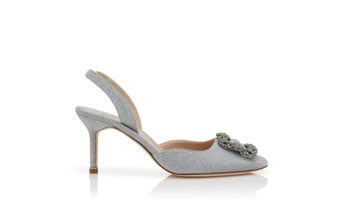 Women Hangisi Manolo Blahnik HANGISLI GLITTER Silver Glitter Fabric Jewel Buckle Slingback Pumps Women Hangisi Manolo Blahnik HANGISLI GLITTER Silver Glitter Fabric Jewel Buckle Slingback Pumps