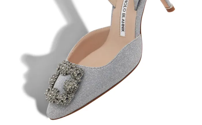 Women Hangisi Manolo Blahnik HANGISLI GLITTER Silver Glitter Fabric Jewel Buckle Slingback Pumps Women Hangisi Manolo Blahnik HANGISLI GLITTER Silver Glitter Fabric Jewel Buckle Slingback Pumps