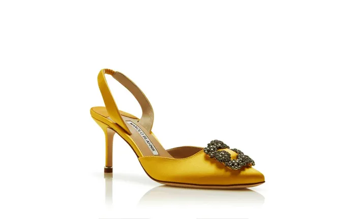 Women Hangisi Manolo Blahnik HANGISLI Yellow Satin Jewel Buckle Slingback Pumps