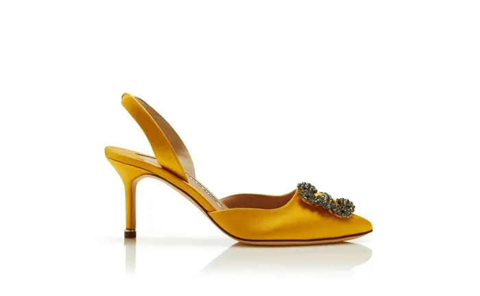 Women Hangisi Manolo Blahnik HANGISLI Yellow Satin Jewel Buckle Slingback Pumps Women Hangisi Manolo Blahnik HANGISLI Yellow Satin Jewel Buckle Slingback Pumps