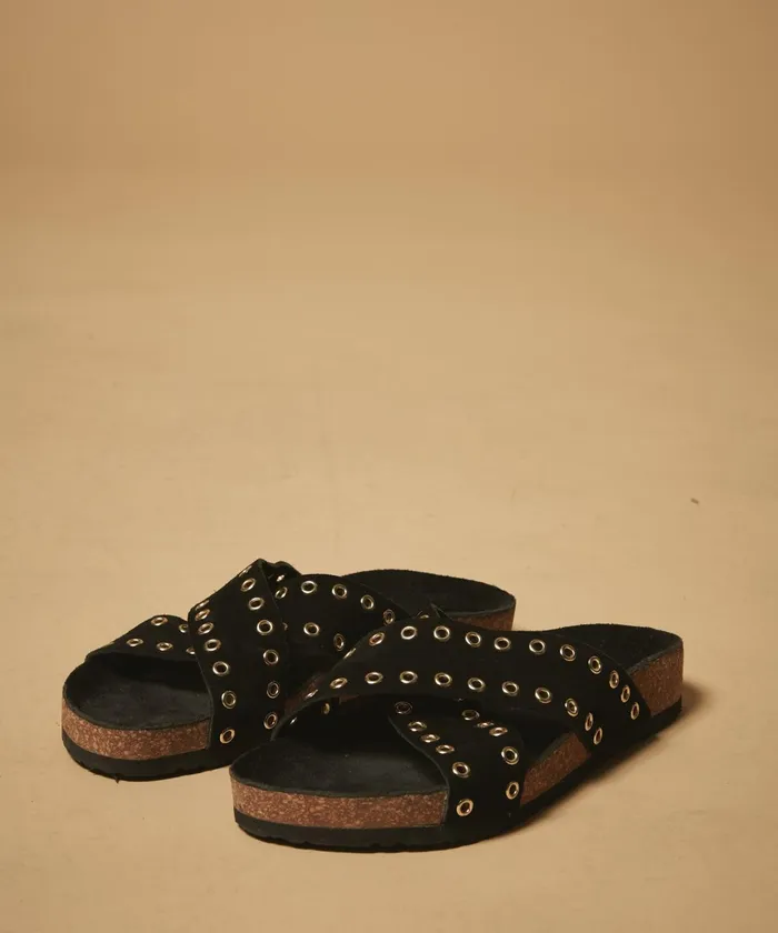 Women Hartford Accessories Black Suede Leather Eyelets Sandals