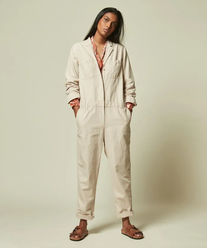 Women Hartford Pants Beige Cotton And Linen Palm Jumpsuit