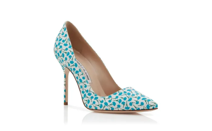 Women High Heels Manolo Blahnik BB Blue Cotton Floral Pattern Pointed Toe Pumps Women High Heels Manolo Blahnik BB Blue Cotton Floral Pattern Pointed Toe Pumps